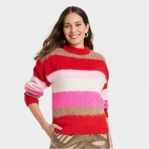 A New Day Pink Striped Crew Neck Pullover Fuzzy Sweater Size Medium